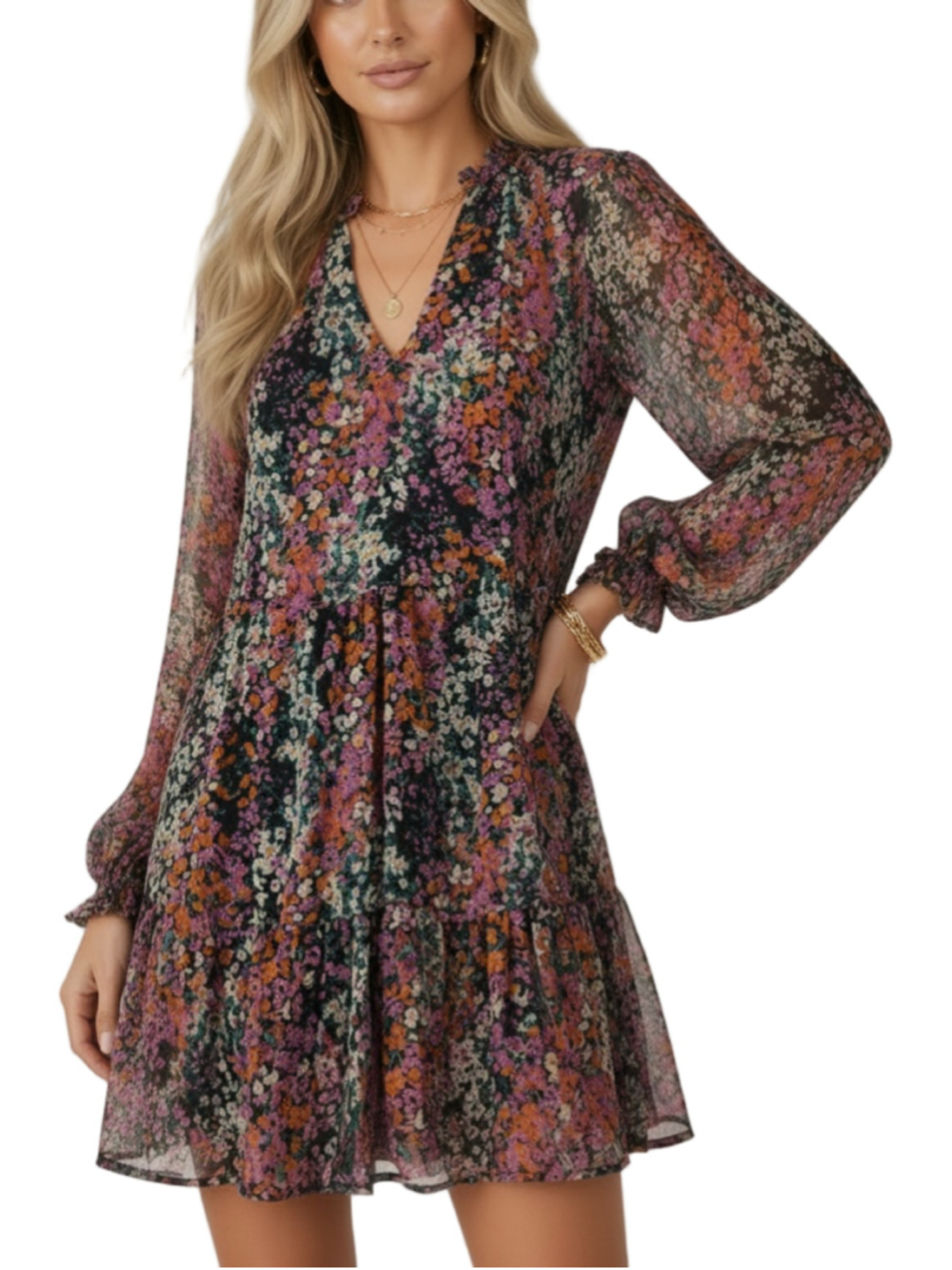 NWT VINCE CAMUTO Floral Sheer Long Sleeve V-neck Ruffle Mini Dress size Small